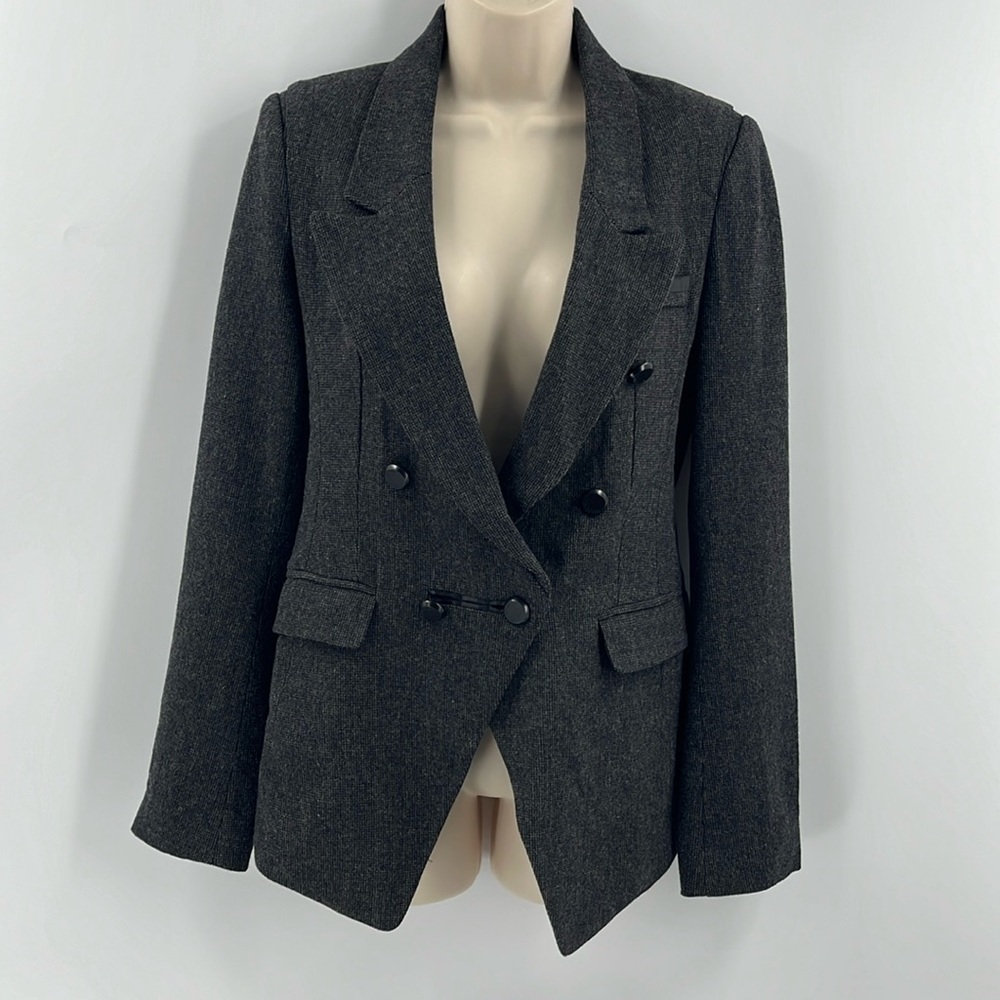 Miss Me Double Breasted Blazer Equestrian Tweed Tailored Charcoal Gray Fitted S